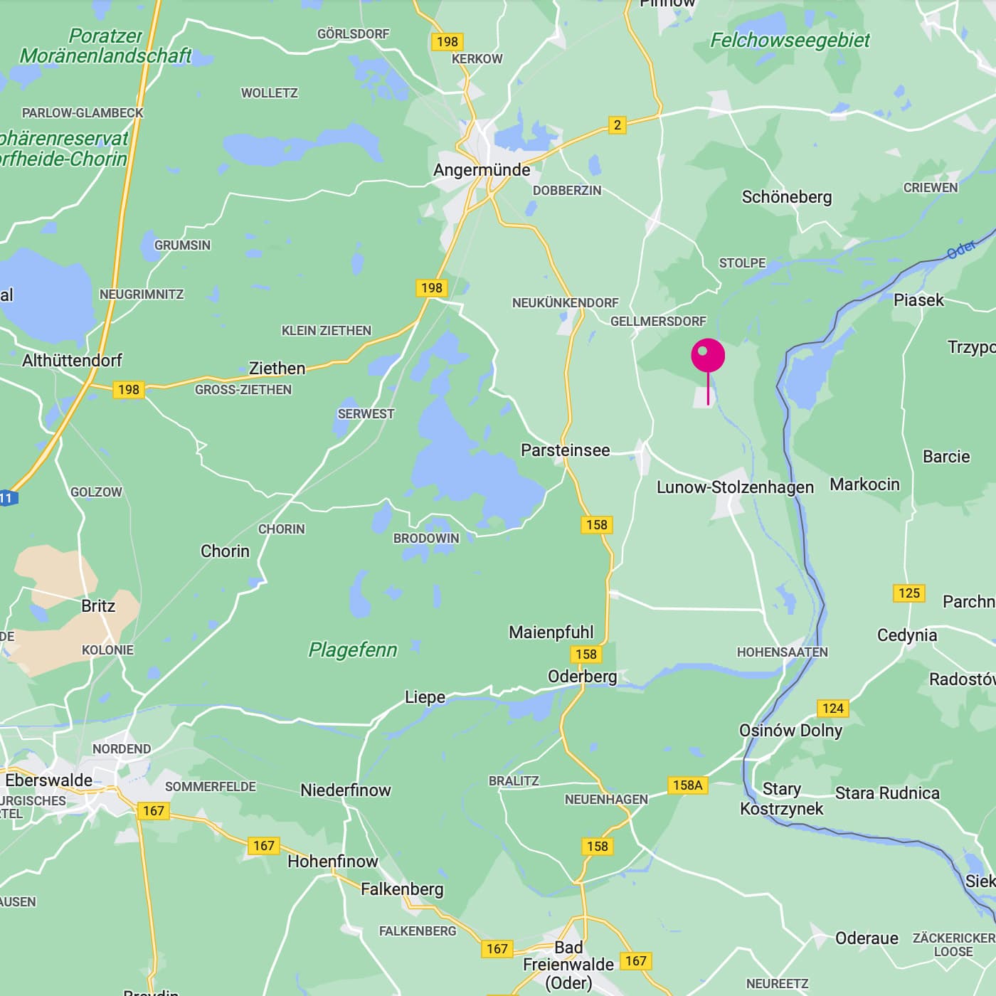 Eine Karte der umliegenden Doerfer mit einem pinken Pin auf Lunow-Stolzenhagen